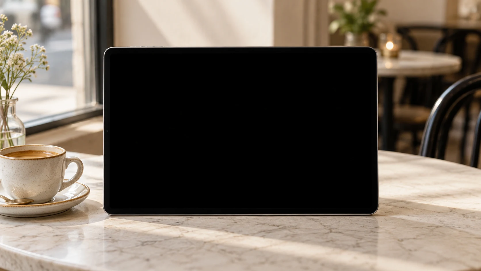 Illustrative café tablet setting for Maria Bamford’s ad