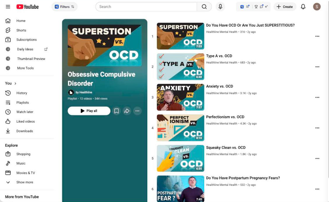 Archival screenshot of Healthline’s educational OCD YouTube playlist